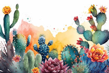 Watercolor Composition With Tropical Cactus With Flowers On White Background. Floral Illustration. Generative AI.