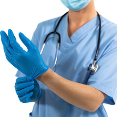 Sticker - Mid section of health worker wearing gloves, mask and stetoscope against black background