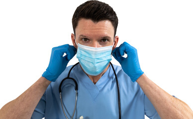 Poster - Mid section of man health worker wearing gloves,mask and stetoscop against black backgroud