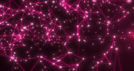Abstract high tech red glowing lines with dots and plexus triangles, abstract background