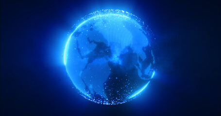 abstract blue planet earth spinning with futuristic high-tech particles bright glowing magical energ