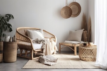 Wicker chair with cushions in bright bedroom. Living room rattan armchair near white wall. Wabi sabi room. Natural eco furniture. Nordic home. Generative AI