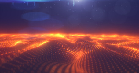 Wall Mural - Abstract orange energy surface with magic waves of particles and points with an endation background of blur and glow with an abstract background