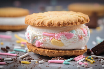 Wall Mural - A Ice cream sandwich: a dessert consisting of a layer of ice cream sandwiched between two cookies or wafers Generative AI