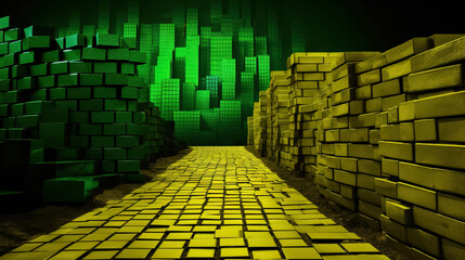 Abstract futuristic yellow and green brick road by AI.