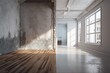 A mock model is set up on a white concrete wall and wooden floor in a contemporary gray room before and after repairs. Generative AI