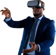 African american businessman gesturing while wearing vr headset against white background