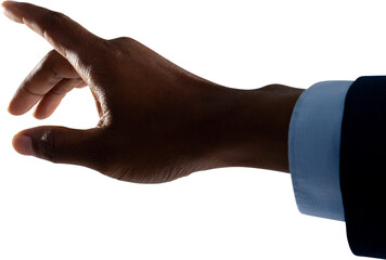 Close up of hand of businessman touching an invisible screen against white background