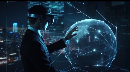 Businessman touching metaverse technology in global network connecting and creating environment between user interface, augmented reality and virtual reality on social media platform.