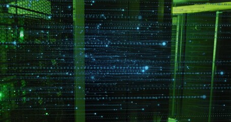 Canvas Print - Animation of illuminated moving dots over data server room in background