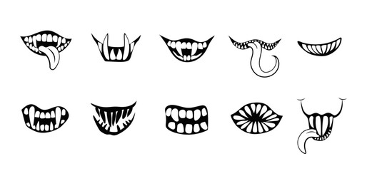 Wall Mural - Terrible smiles and grins of monsters set. Angry creature joy with sharp teeth and ferocious vampiric grin for halloween and demonic vector design