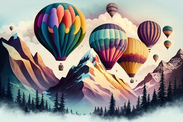 Fairy tale show with hot air balloons and colorful smoke in the sky. Generative AI. 