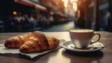 Petit déjeuner parisien, café crème et croissants sur la table d'un bistrot typique au petit matin