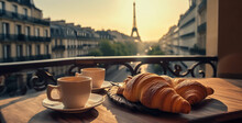 Petit Déjeuner Parisien, Café Crème Et Croissants Sur La Table D'un Bistrot Typique Au Petit Matin