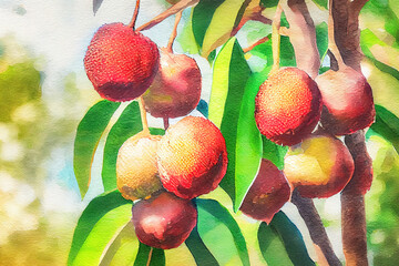 Wall Mural - Close up ripe lychee fruits on tree in the plantation,Thailand, watercolor. Generative Ai