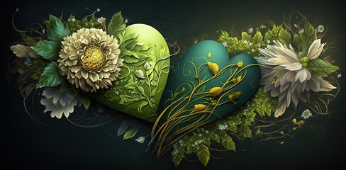 Sticker - Two flowers and green floral hearts make a lovely arrangement. Generative AI