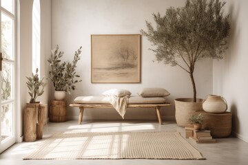 Wall Mural - Scandi boho living room. Mockup beige empty wall with seat and olive tree. illustration. Generative AI