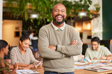 Wall Mural - Black man, portrait smile and arms crossed in meeting for leadership, teamwork or brainstorming at office. Happy businessman, leader or coach smiling in management for team planning and collaboration