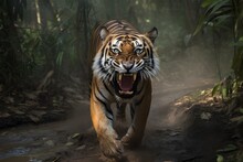 Wild Tiger Charging At The Camera In Tropical Forest, Tiger Attacking Cameraman, Generative AI