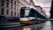 © ArtStage - Yellow tram with motion blur effect moves fast in the city. High speed passenger train in motion on railroad.