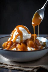 Wall Mural - The creamy, sweet, slightly salty, gooey caramel sauce takes a simple bowl of vanilla ice cream to a new high, and you only need a few simple toppings to enjoy a freshly made caramel Generative AI