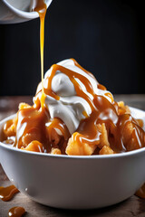 Wall Mural - The creamy, sweet, slightly salty, gooey caramel sauce takes a simple bowl of vanilla ice cream to a new high, and you only need a few simple toppings to enjoy a freshly made caramel Generative AI