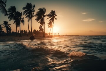 Poster - tropical sunset with palm trees and ocean view. Generative AI