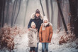 © VisualProduction - Cheerful family of three in warm winterwear spending day in winter forest. Generative ai