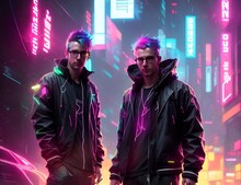 Two Friends With Dyed Hair, Nightlife In Glowing Neon City, Cyberpunk Style, Made With Generative AI