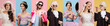 Set of portraits og young royal people, man and woman posing with different modern stuffs against multicolored background. Concept of comparison of eras, modernity and renaissance, baroque style.