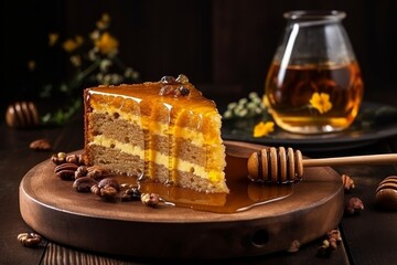 Wall Mural - Photo of a delicious slice of honey cake on a plate created with Generative AI technology