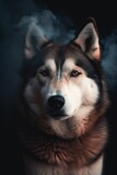 Fototapeta Psy - Portrait of a siberian husky dog in smoke.Generative Ai