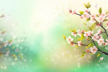 Naklejka na meble Spring background. Blossoming cherry tree and butterfly. AI generative.