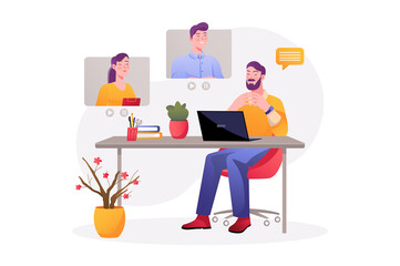 Wall Mural - asian concept videoconference with people scene in the flat cartoon design. director joined the vide