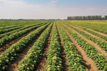  Beautiful white potatoes, commercially attractive, beautiful green beds on the farm, ai
