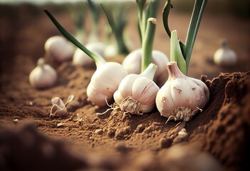 Fresh Garlic Bulbs In The Farm Fields. Organic Food Produce. Generative AI