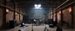 Live gig setup in an old brick warehouse. Stage rigging and band performing equipment, PA systems in place. Generative AI. 