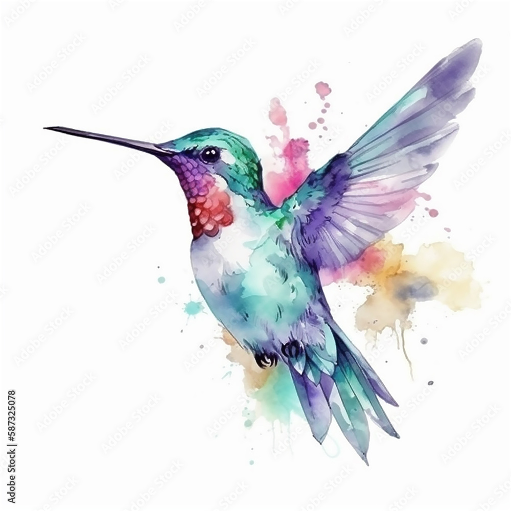 Blue watercolor flying hummingbird. AI generated content Stock ...