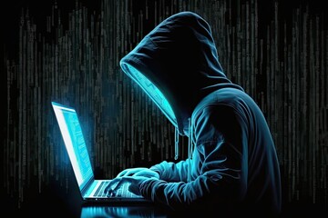 Young male hacker looking at screen. Generative Ai