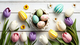 Fototapeta Dinusie - Easter eggs on bright wooden background with tulips