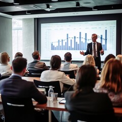 Presentation in meeting room, Business man explaining graphs, created with generative AI technology