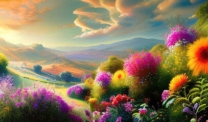 Wall Mural - Paradise garden full of flowers, beautiful idyllic  background with many flowers in eden. Generative Ai. 