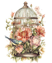 Birdcage With Flowers, Bird In A Cage. Created With Generative Ai Technology.