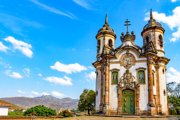 Wall Mural - Front view of famous baroque church in the historic town of Ouro Preto in Minas Gerais, Brazil