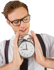 Wall Mural - Geeky businessman holding alarm clock