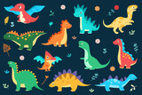 Fototapeta Dinusie - Collection of isolated cute dinosaurs. Vector flat cartoon illustration