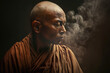 © ADDICTIVE STOCK - Generative AI image with side view of senior ethnic male monk in brown religious robe with eyes closed meditating and praying while standing over black background with smoke