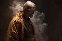 Generative AI Image With Side View Of Ethnic Male Monk In Brown Religious Robe With Eyes Closed Meditating And Praying While Standing Over Black Background With Smoke