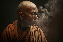 Generative AI Image With Side View Of Senior Ethnic Male Monk In Brown Religious Robe With Eyes Closed Meditating And Praying While Standing Over Black Background With Smoke
