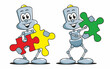 niedliche Comic Roboter mit Puzzlestücken, die Teile passen zueinander